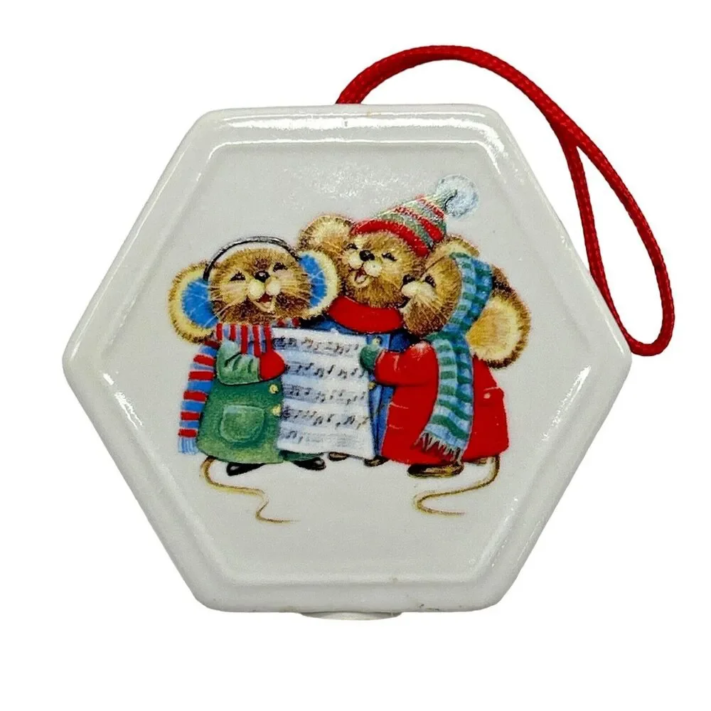 Vintage Christmas Memories Porcelain Pomander Ornament 3 Mice Caroling - 1980s